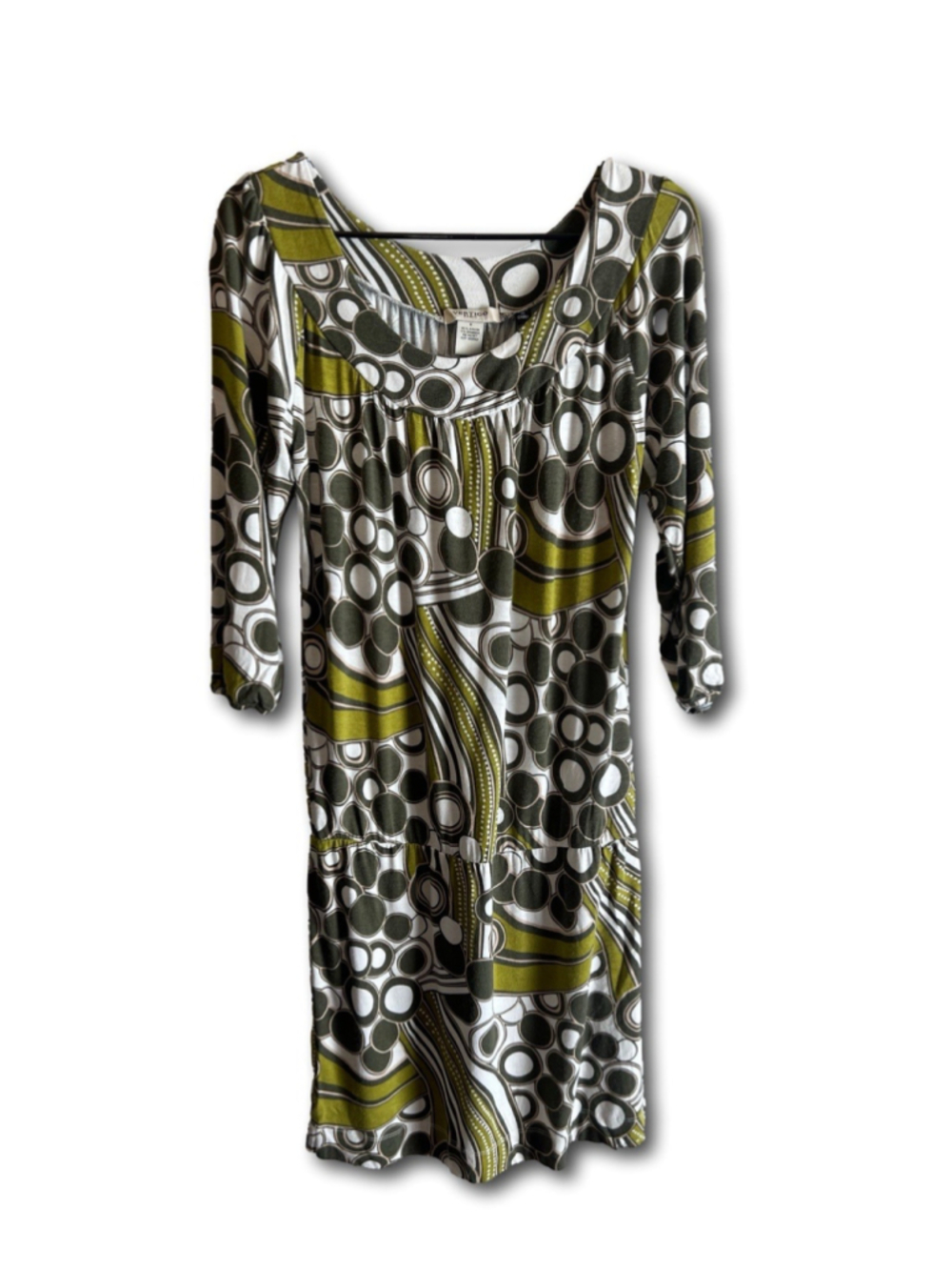 Vertigo Paris Drop Waist Dress Green Geo Retro Print Vintage 3/4 Sleeve Woman S